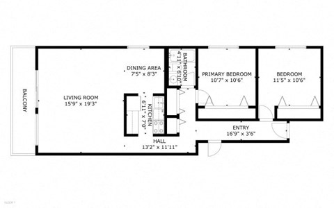 Floor plan for 2 beds, 1 bath, 1040 sqft